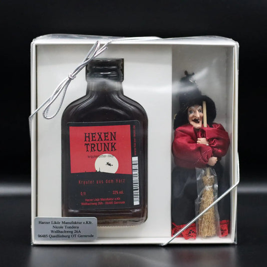 Geschenkpackung Taschenflasche mit einem Glas/Harz-Hexe - Hexentrunk – Kräuterbitterlikör