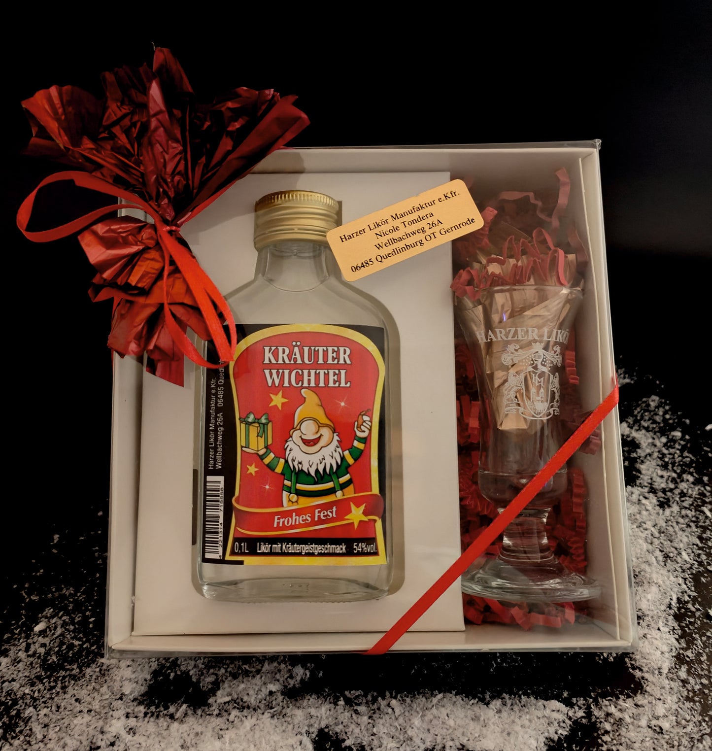 "KRÄUTERWICHTEL"  Weihnachtliche Geschenkpackung mit Taschenflasche und einem Glas (Kopie) (Kopie)